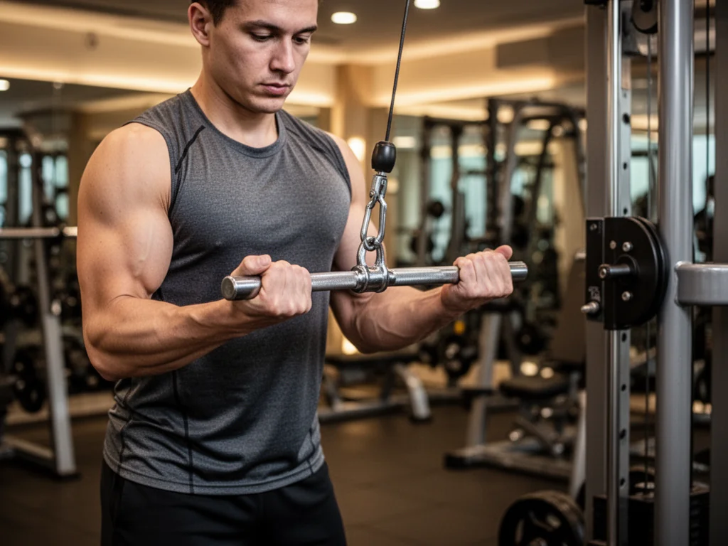 Osoba prostująca ramiona na wyciągu w siłowni, poprawna pozycja łokci i napięcie tricepsów w nowoczesnym klubie fitness.