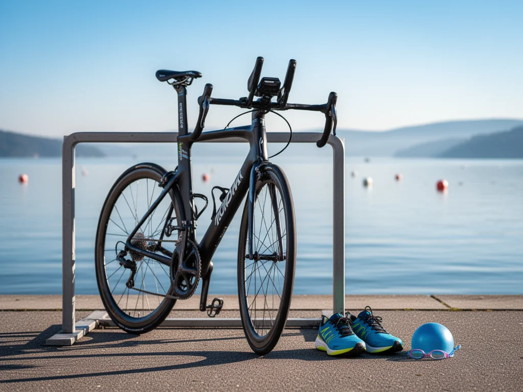 Nowoczesny rower triathlonowy z butami biegowymi i czepkiem pływackim nad jeziorem, symbol przygotowań do triathlonu