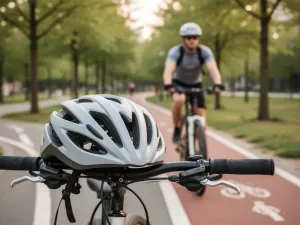 Zegarek sportowy i smartfon z kolorową trasą i statystykami aktywności, w tle biegacz i rowerzysta w słonecznym parku.