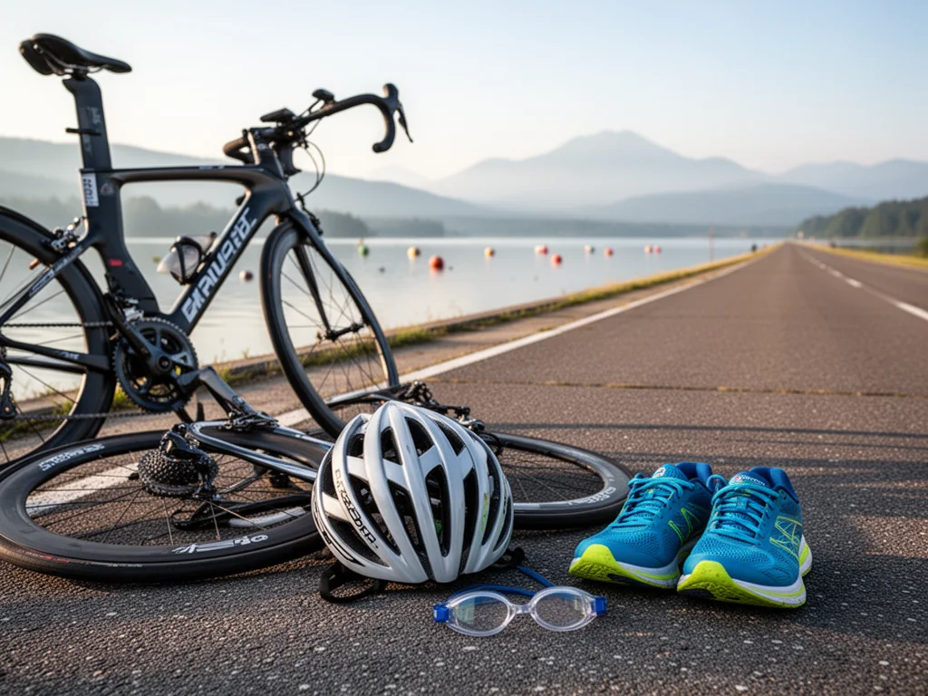 Rower triathlonowy, kask, buty biegowe i okularki pływackie nad jeziorem, symbol przygotowań do pełnego dystansu Ironman