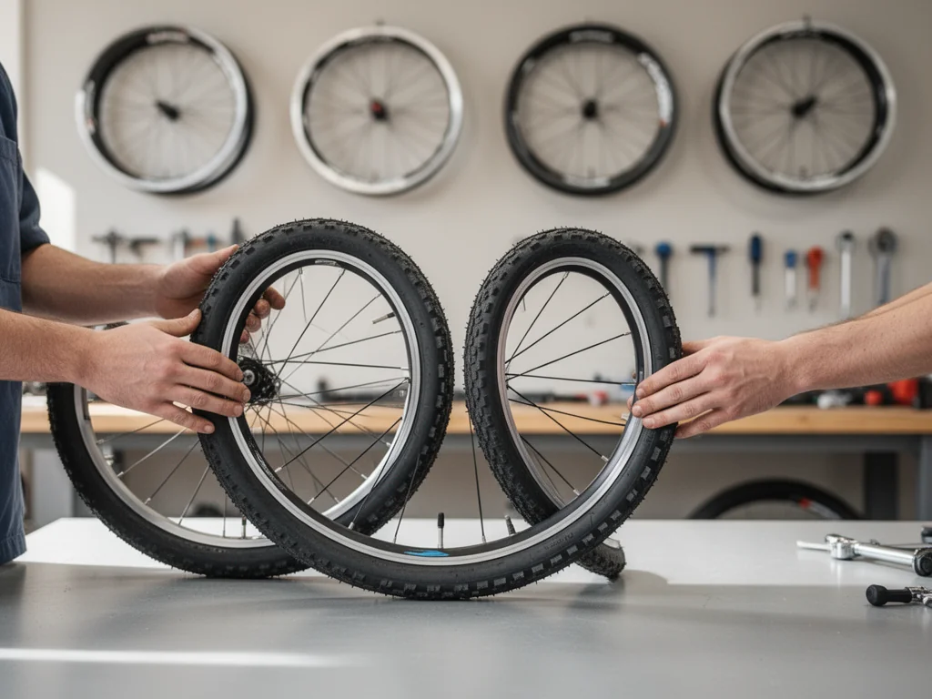 Mechanik porównuje dwa rozmiary opon rowerowych na stole warsztatowym, pokazując różnice w szerokości i średnicy.