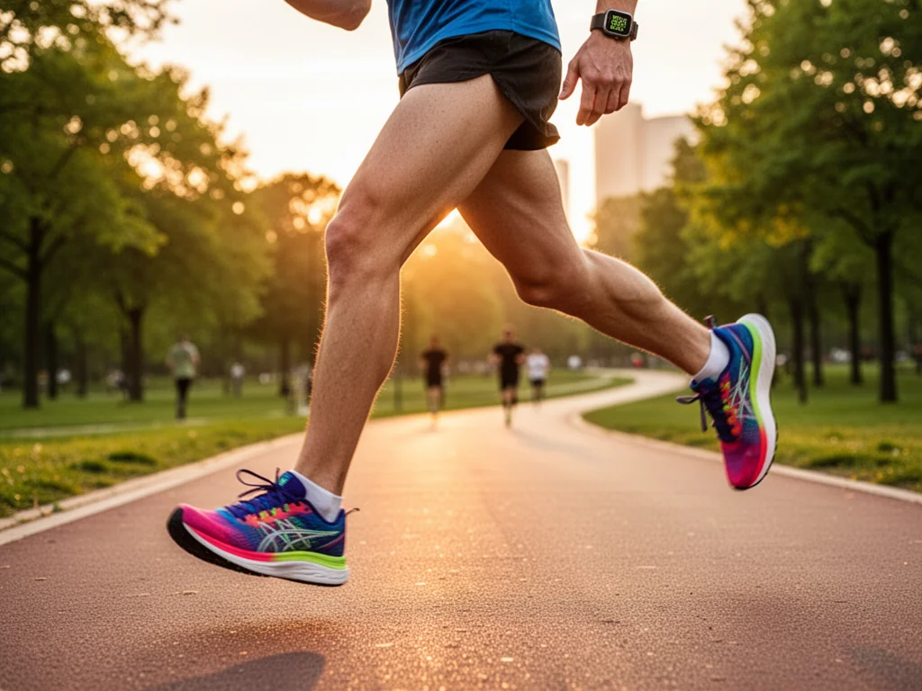 Biegacz w kolorowych butach na ścieżce o wschodzie słońca, dynamiczny krok symbolizuje trening do maratonu.