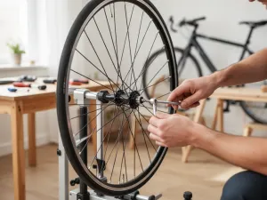 Różne typy rowerów – miejski, górski, szosowy i składak – ustawione obok siebie w słonecznym parku.