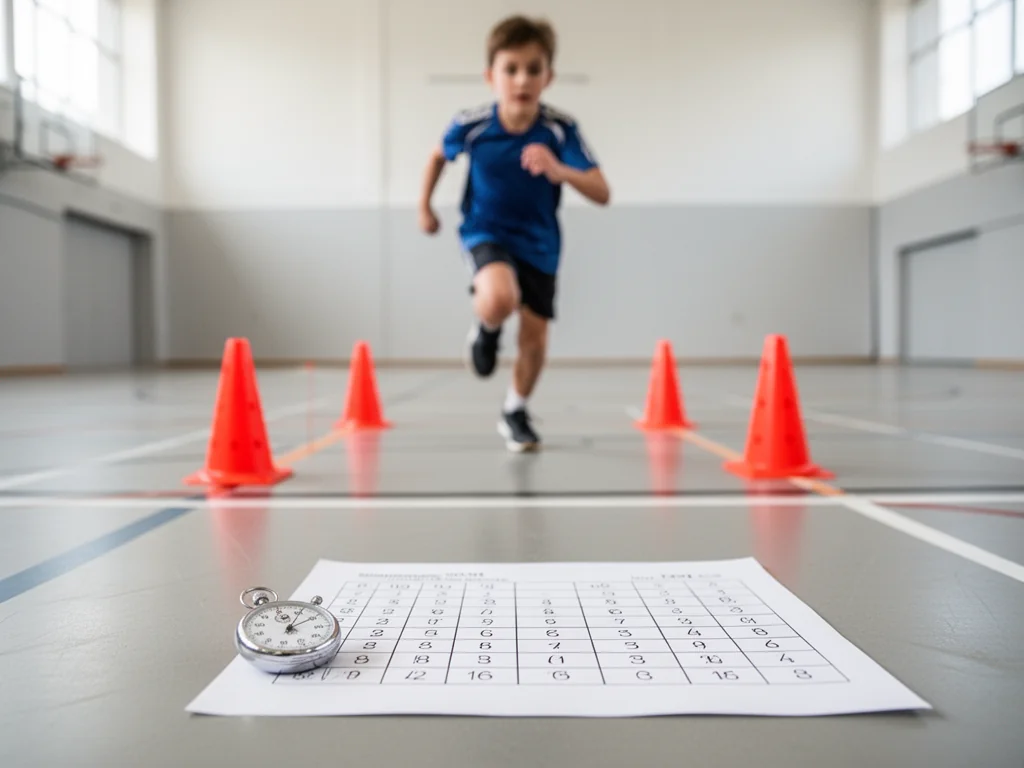Młody sportowiec biegnie między pachołkami w sali, obok leży stoper i tabela wyników testu beep.