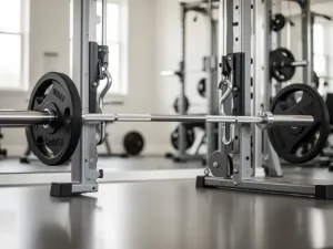 Kobieta wykonuje dipy na triceps na ławce w jasnym salonie, podkreślając ćwiczenia na obwisłe ramiona.