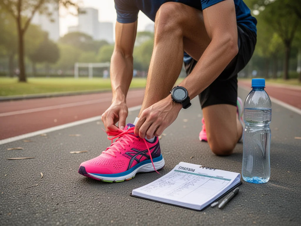 Biegacz wiąże kolorowe buty do biegania obok notesu z planem treningowym i butelki wody w parku przed maratonem.