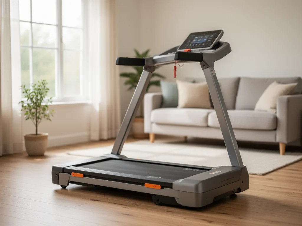 Kompaktowa bieżnia w jasnym, przytulnym salonie, pokazująca, jak wkomponować sprzęt fitness w domową przestrzeń.