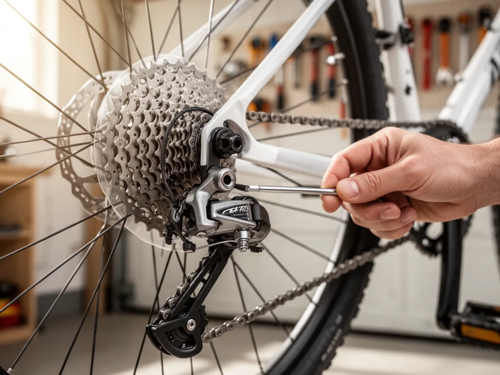 Dłoń reguluje tylną przerzutkę roweru kluczem imbusowym, zbliżenie na mechanizm i kasetę w domowym warsztacie DIY