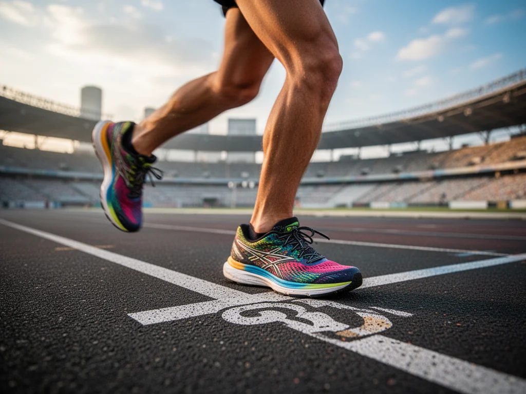 Biegnący zawodnik na oznaczonej bieżni asfaltowej, symbolizujący dystans maratonu i przygotowania do biegu