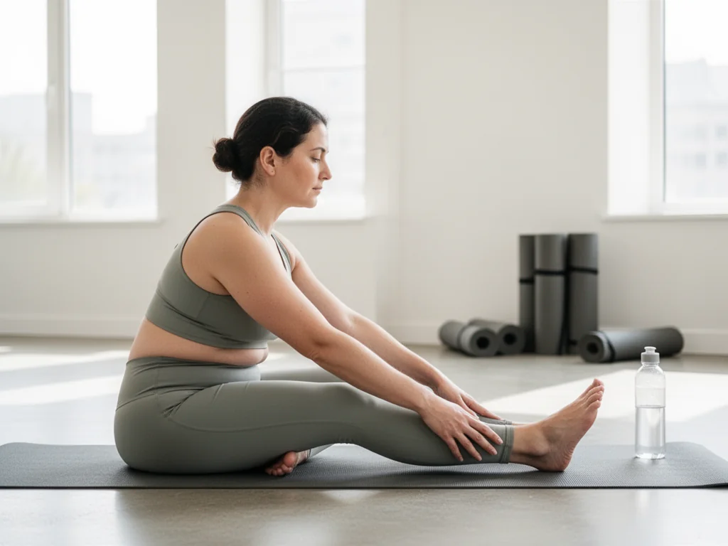 Osoba w spokojnym rozciąganiu na macie w jasnym studio fitness, pokazująca bezpieczny, łagodny start ze stretchingiem.