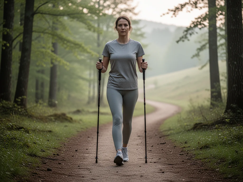 Osoba uprawiająca nordic walking na leśnej ścieżce o poranku, w spokojnej, zdrowej atmosferze ruchu na świeżym powietrzu.