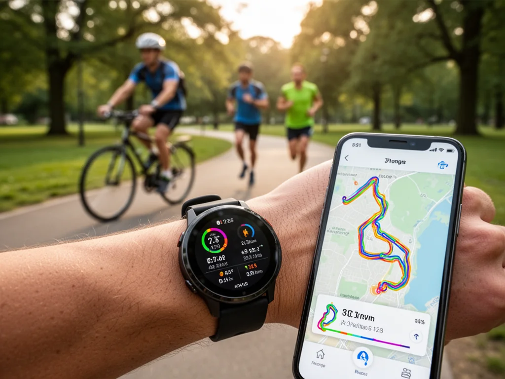 Zegarek sportowy i smartfon z kolorową trasą i statystykami aktywności, w tle biegacz i rowerzysta w słonecznym parku.