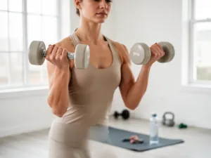 Kobieta w kolorowych legginsach wykonuje wykrok na macie w jasnym studio fitness, podkreślając trening na smukłe uda.