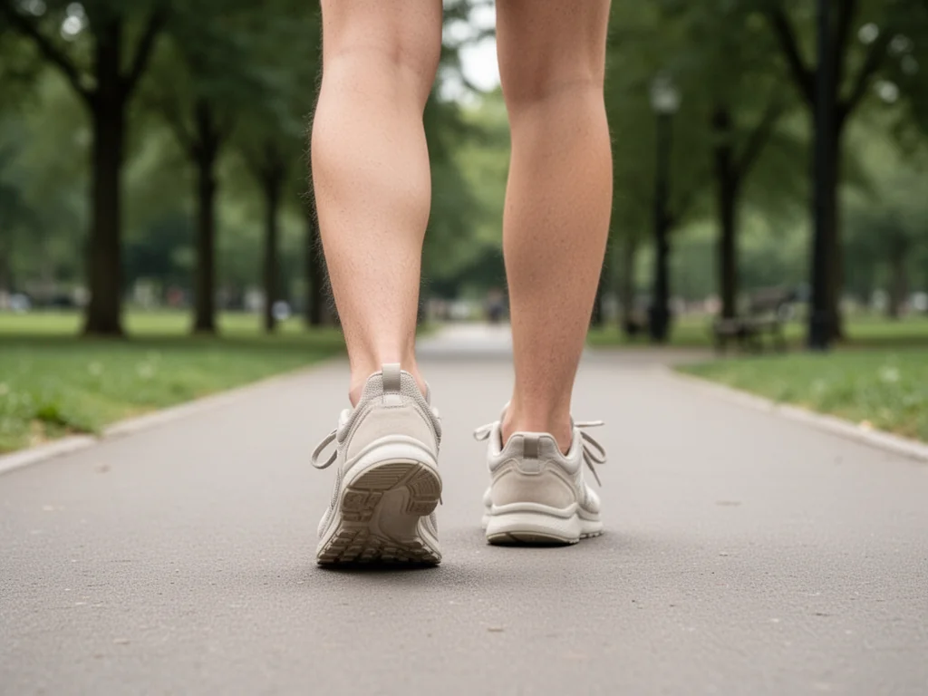 Osoba idąca alejką w parku, zbliżenie na kroki w sportowych butach, symboliczne przedstawienie dystansu 10 km.