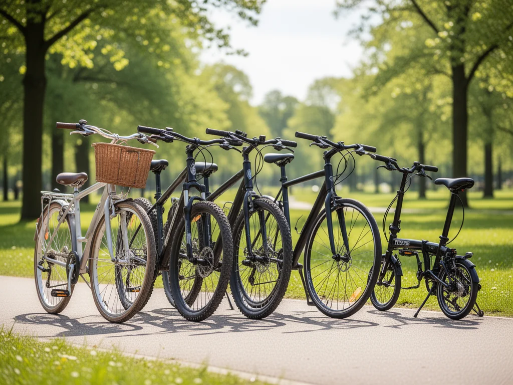 Różne typy rowerów – miejski, górski, szosowy i składak – ustawione obok siebie w słonecznym parku.