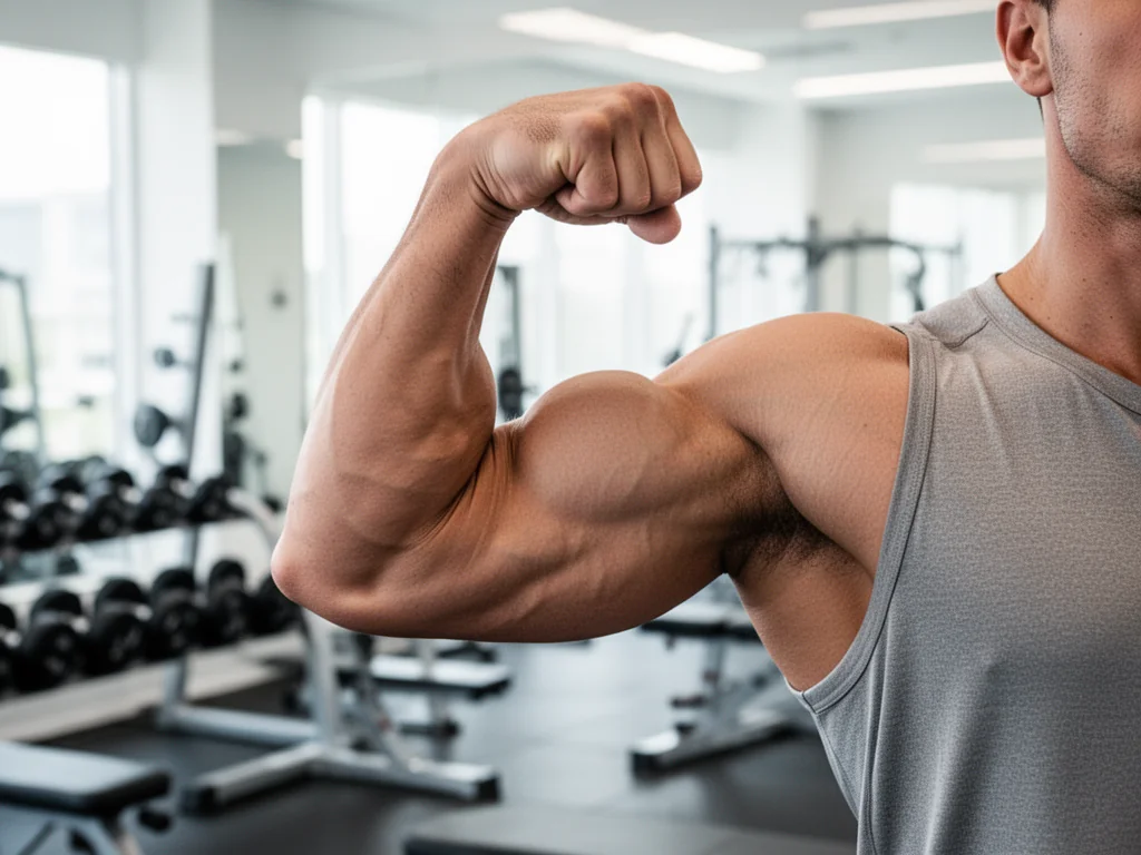 Mocno zarysowany biceps mężczyzny napinający ramię w nowoczesnej siłowni, podkreślający efekty treningu na biceps.