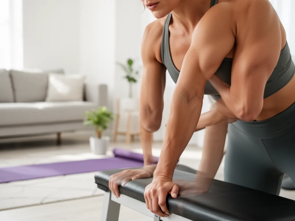Kobieta wykonuje dipy na triceps na ławce w jasnym salonie, podkreślając ćwiczenia na obwisłe ramiona.