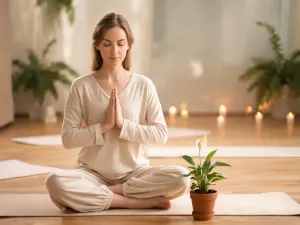 Grupa osób w spokojnym, jasnym studiu ćwiczy dynamiczne pozycje ashtanga jogi na matach, w skupionej atmosferze.