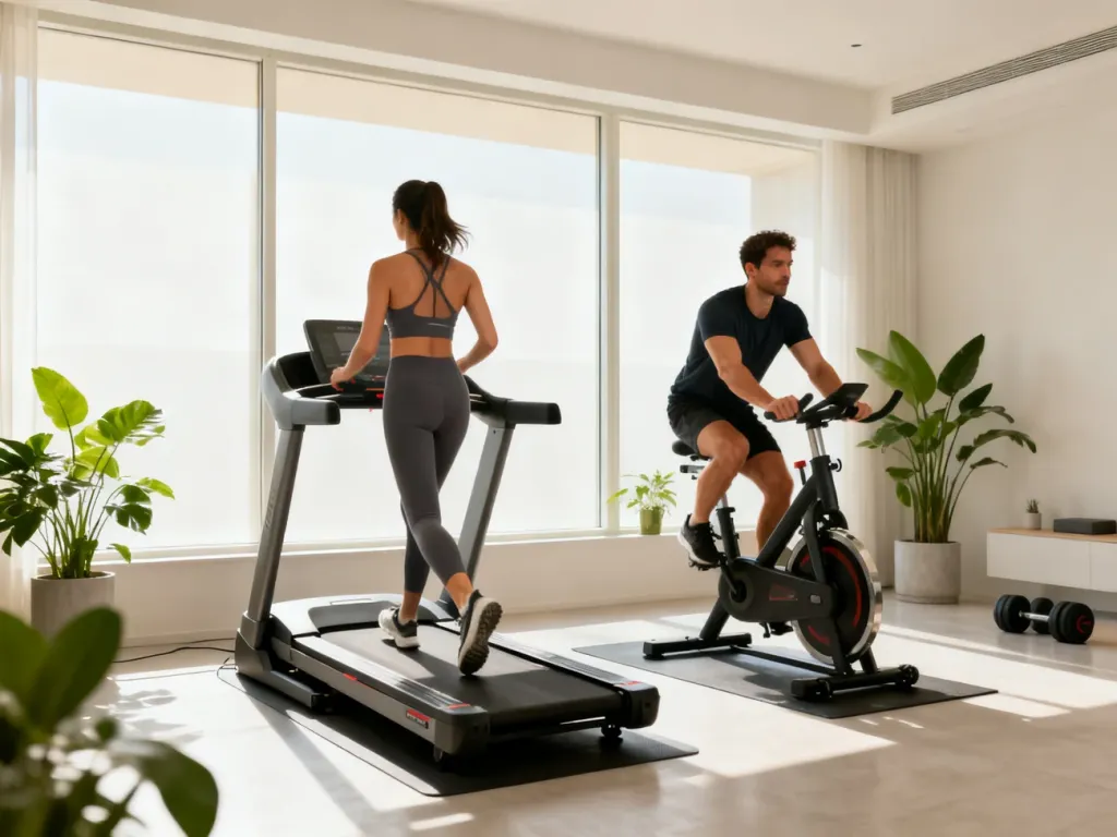 Kobieta na bieżni i mężczyzna na rowerku stacjonarnym w jasnej domowej siłowni, porównanie treningu cardio dla odchudzania.