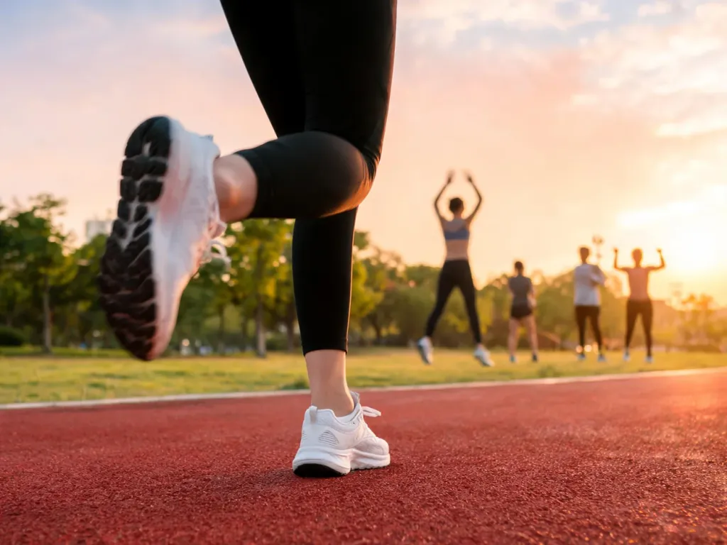 Jogging o wschodzie słońca na bieżni, w tle grupa osób wykonujących proste ćwiczenia aerobowe w parku.