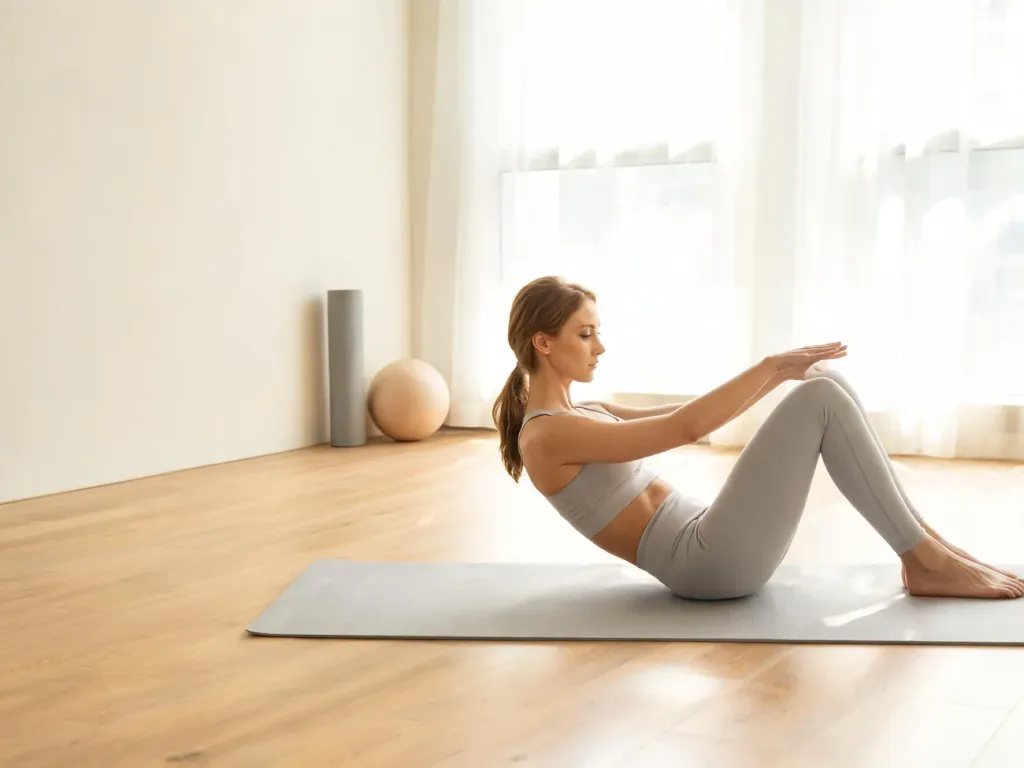 Kobieta ćwiczy pilates na macie w jasnym domowym studio, prezentując elegancką, kontrolowaną pozycję wzmacniającą ciało.