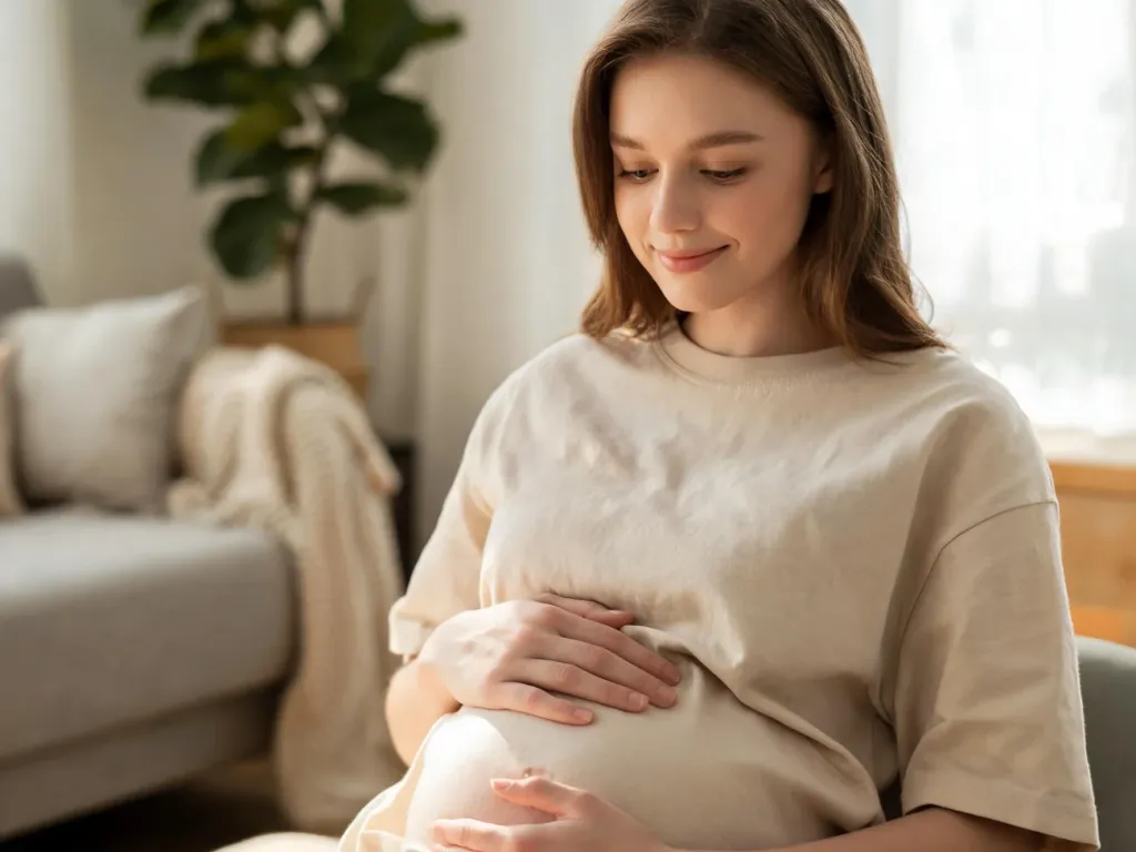 Młoda mama w domowym wnętrzu spokojnie dotyka pociążowego brzucha, symbolizując naturalną regenerację ciała.