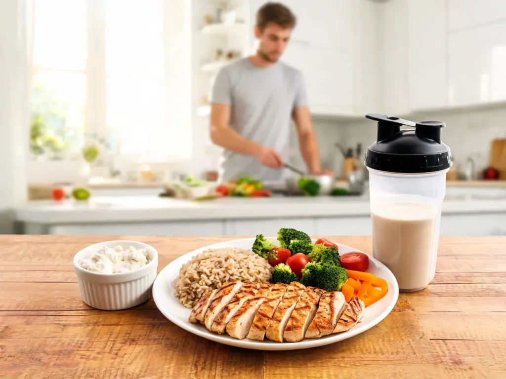 Zbilansowany, wysokobiałkowy posiłek z kurczakiem i shake proteinowy jako przykład diety na masę mięśniową