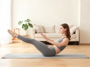 Nowoczesne obciążniki na nogi leżące na szarej macie do ćwiczeń w jasnym, słonecznym studiu fitness.