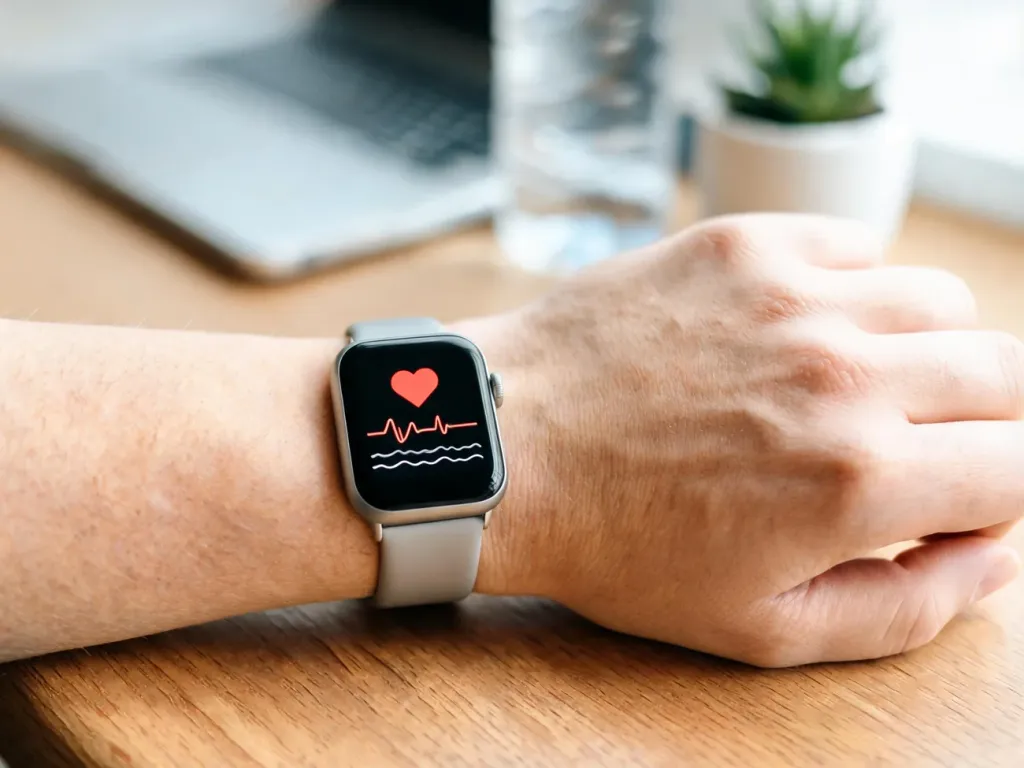Smartwatch mierzący tętno i HRV na nadgarstku przy biurku, w tle laptop i roślina podkreślające zdrowy styl życia