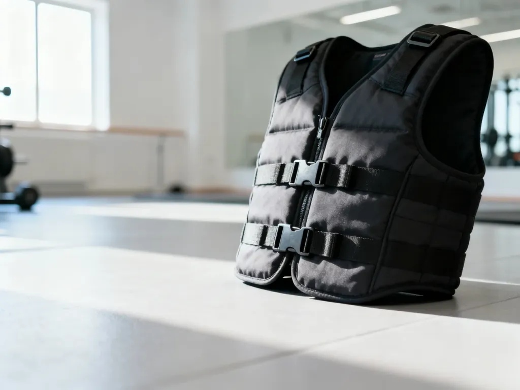 Nowoczesna kamizelka z obciążeniem leżąca na podłodze w jasnym, profesjonalnym studiu fitness.