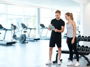 Trener personalny pokazuje klientce plan treningowy na tablecie w nowoczesnej, jasnej siłowni.