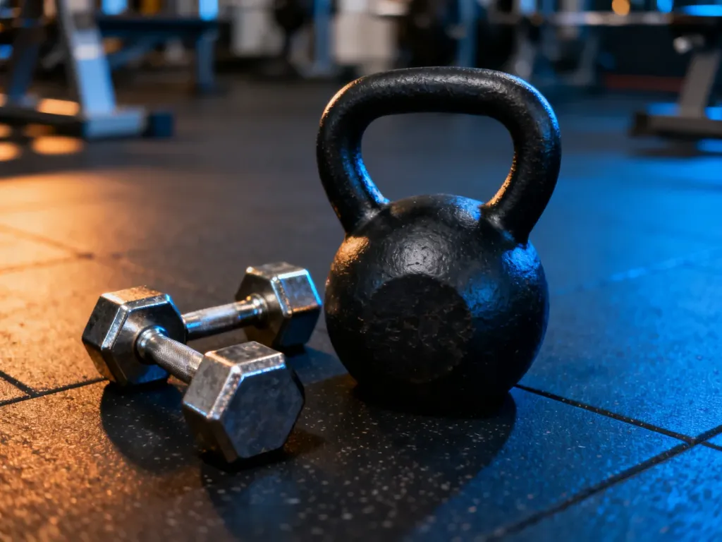 Czarny kettlebell oraz metalowe hantle ustawione obok siebie na gumowej podłodze w nowoczesnej siłowni.