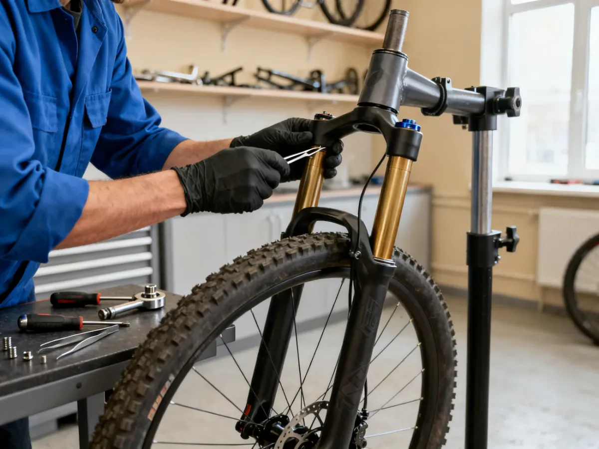 Mechanik wykonujący serwis amortyzatora rowerowego w warsztacie