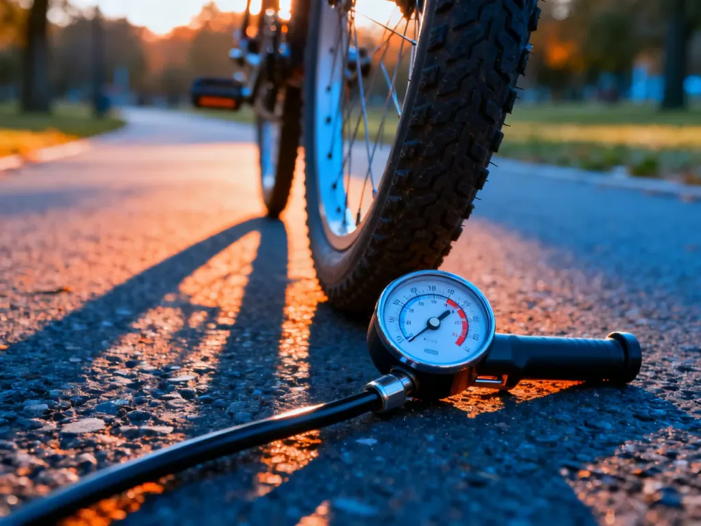 Manometr pompki rowerowej wskazujący optymalne ciśnienie w oponie na tle asfaltowej ścieżki w parku.
