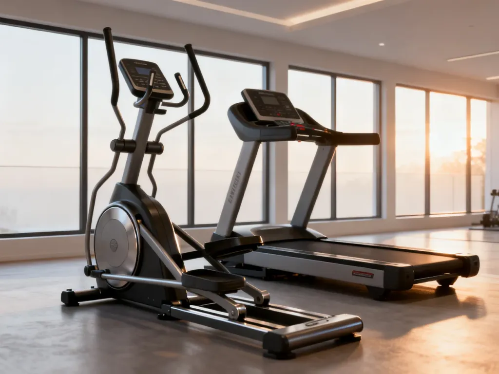 Nowoczesny orbitrek i bieżnia ustawione obok siebie w jasnym, przestronnym domowym studio fitness.