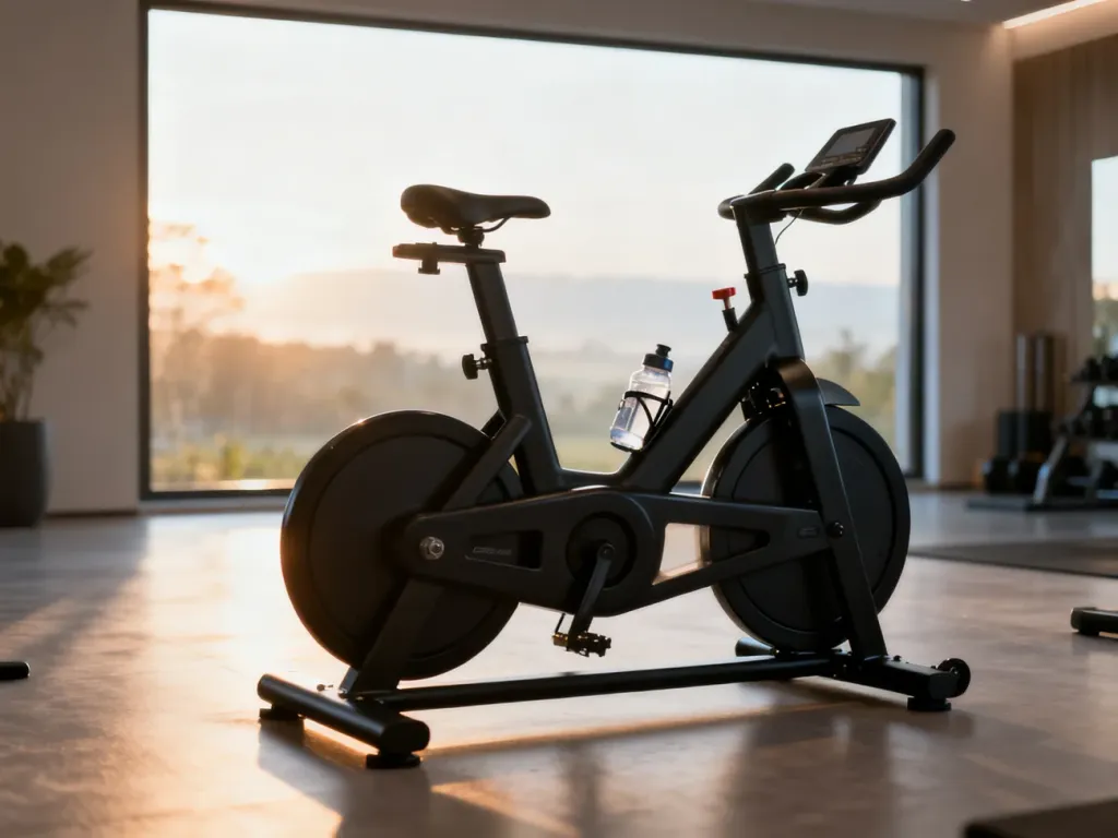 Nowoczesny rowerek stacjonarny w jasnym, domowym studio fitness, zachęcający do porannego treningu.