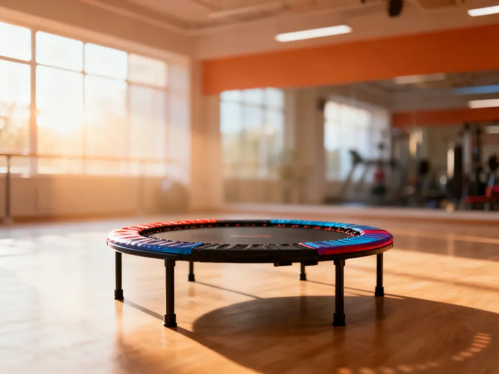 Profesjonalna trampolina fitness w jasnym, nowoczesnym studiu, zachęcająca do treningu w słonecznej atmosferze.