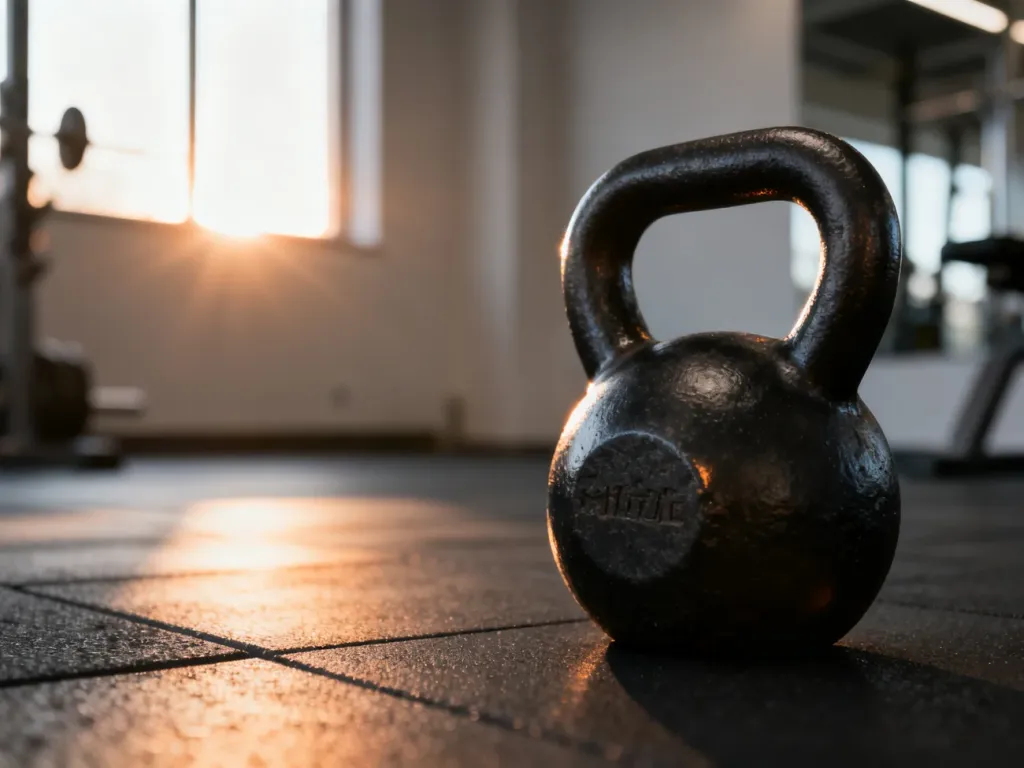 Czarny żeliwny kettlebell ustawiony na podłodze w nowoczesnej siłowni, gotowy do rozpoczęcia treningu siłowego.