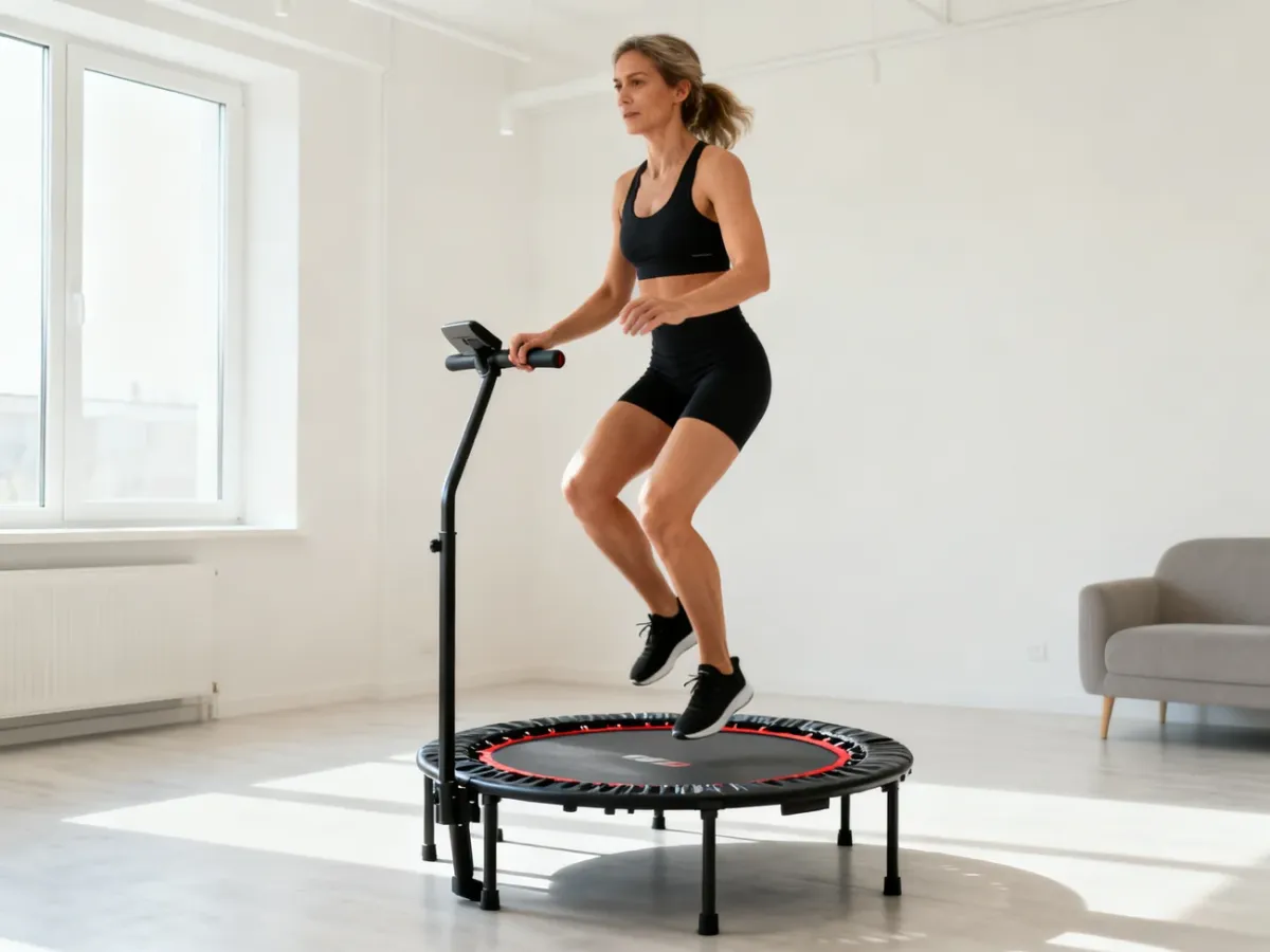 Kobieta wykonująca kontrolowane, niskie podskoki na trampolinie fitness