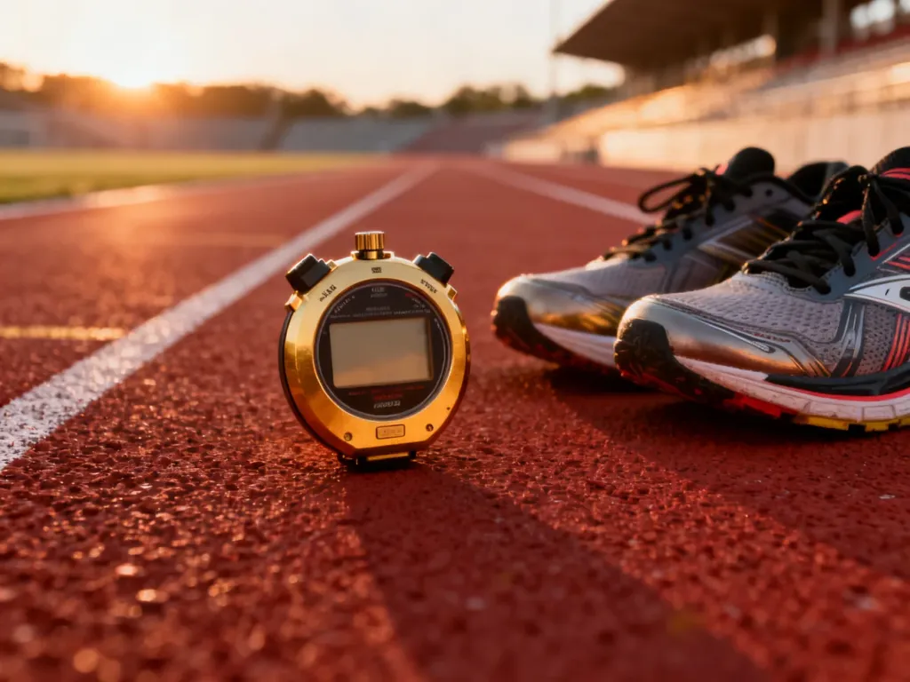 Profesjonalny stoper i buty do biegania na bieżni lekkoatletycznej o wschodzie słońca, gotowe do testu Coopera.