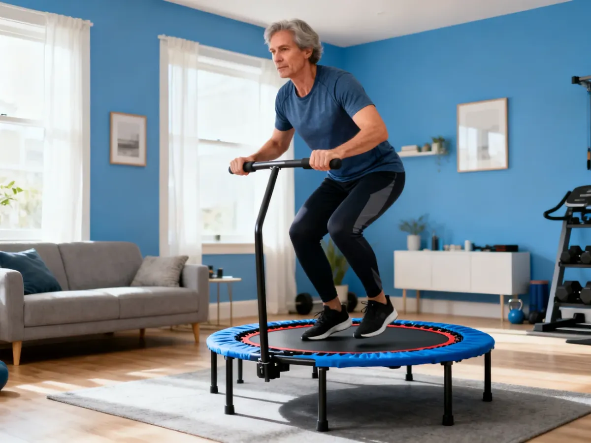 Początkująca osoba ćwicząca spokojnie na trampolinie fitness z uchwytem