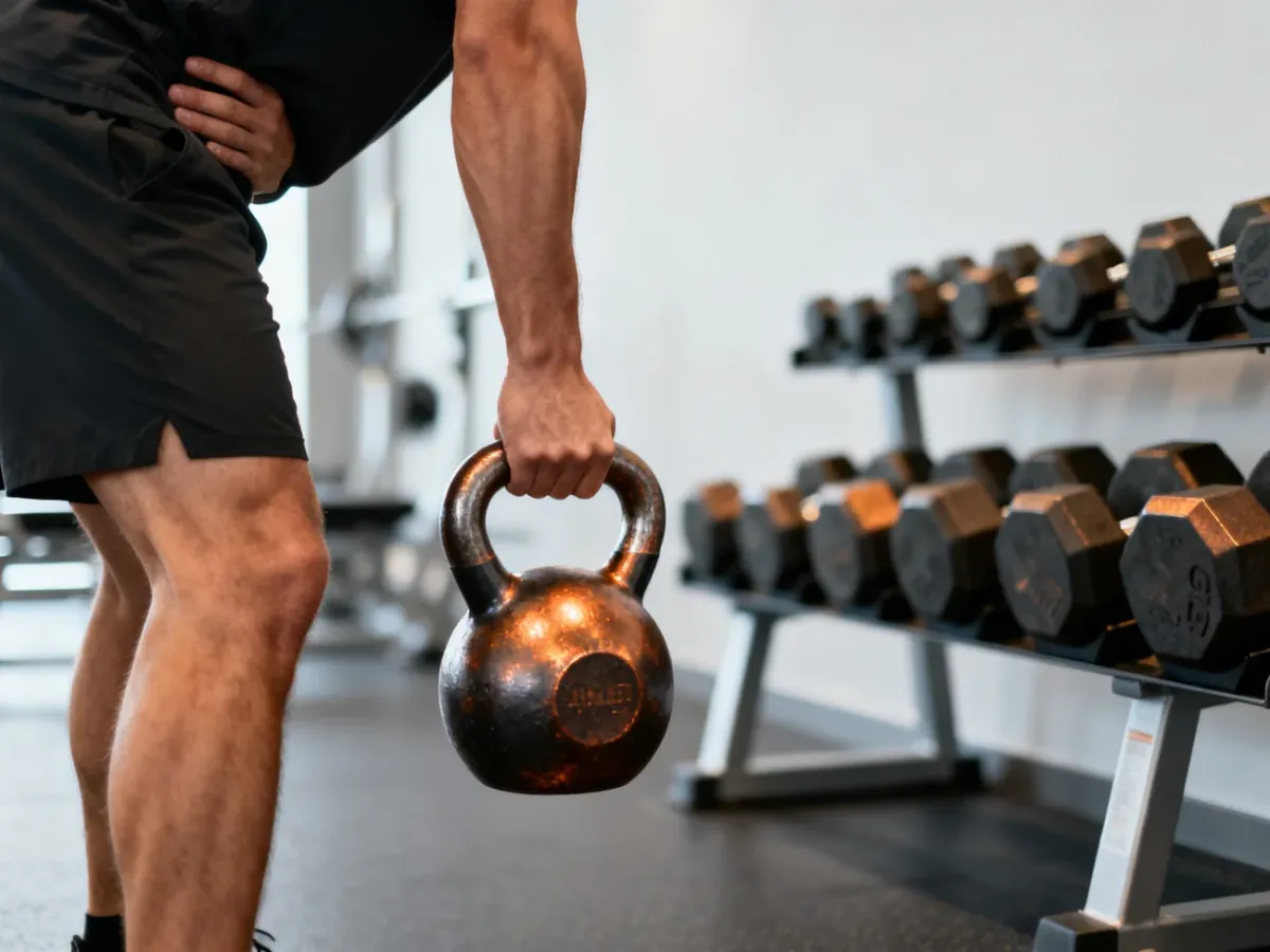 Osoba wykonująca swing kettlebellem w siłowni, z hantlami w tle