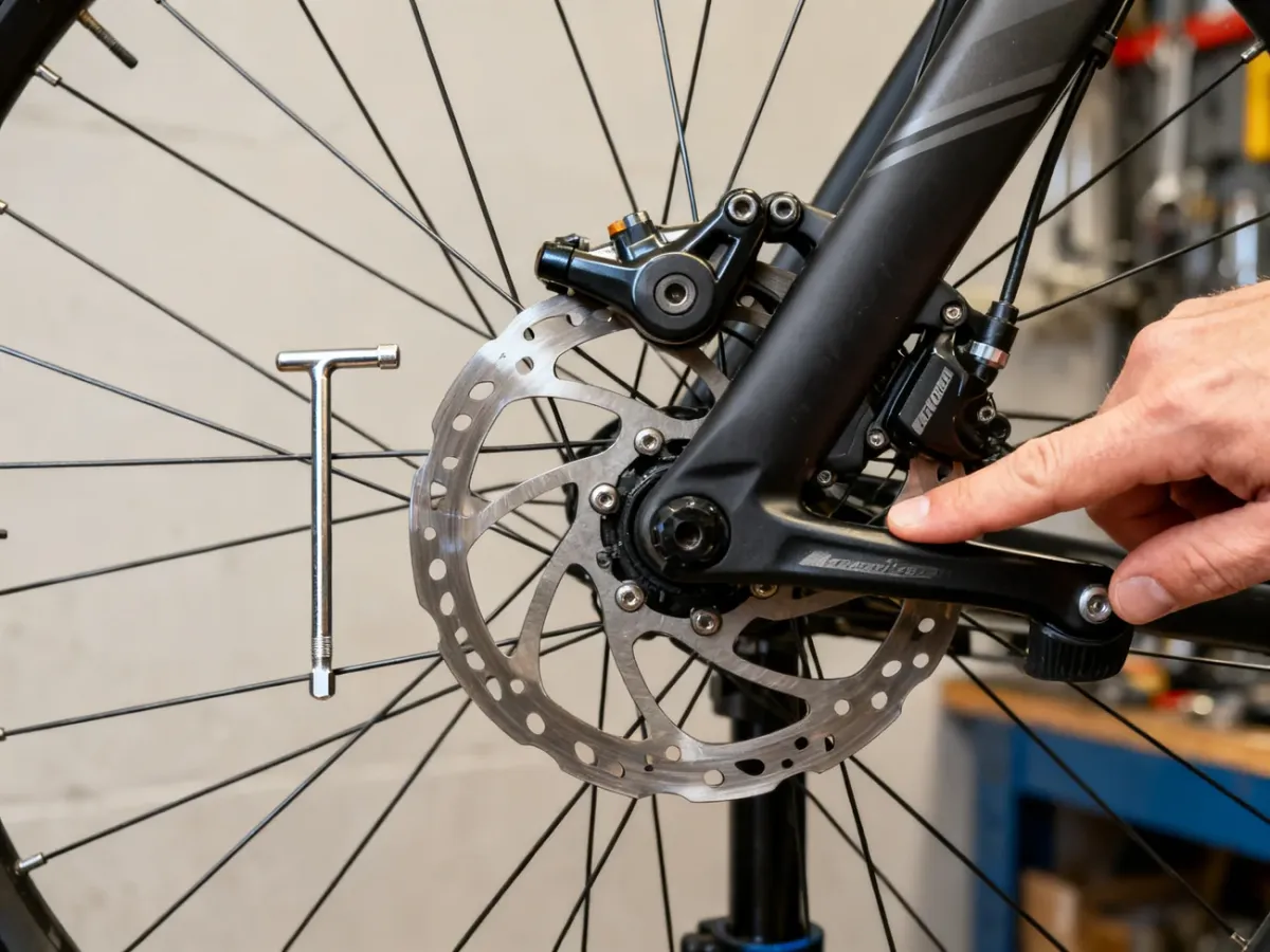 Centrowanie zacisku hamulca tarczowego nad tarczą roweru