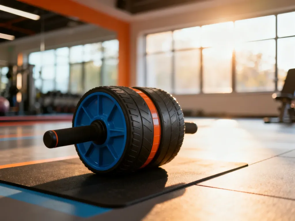 Profesjonalna rolka do ćwiczeń mięśni brzucha umieszczona na podłodze w nowoczesnym, słonecznym studio fitness.