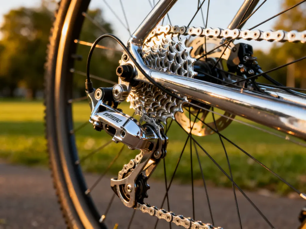 Zbliżenie na mechanizm przerzutki rowerowej z błyszczącym łańcuchem i precyzyjnymi zębatkami w świetle zachodzącego słońca.
