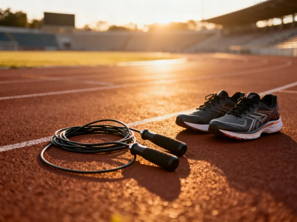 Profesjonalne buty do biegania i skakanka leżące na bieżni lekkoatletycznej w świetle zachodzącego słońca.
