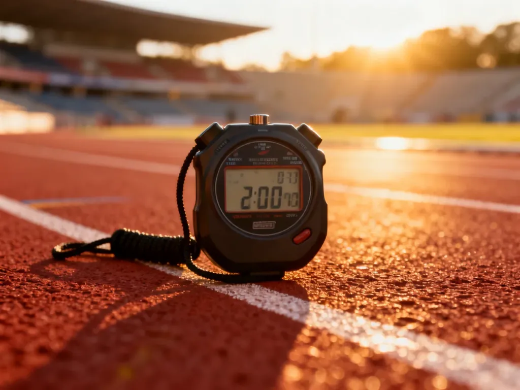 Profesjonalny stoper z wynikiem czasowym na bieżni lekkoatletycznej w świetle poranka.