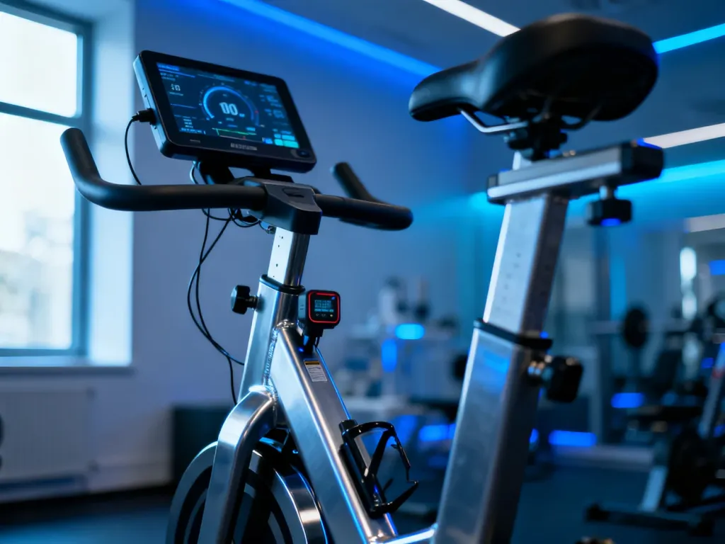 Profesjonalny rower stacjonarny z systemem monitorowania w laboratorium sportowym, gotowy do przeprowadzenia testu wydolności.