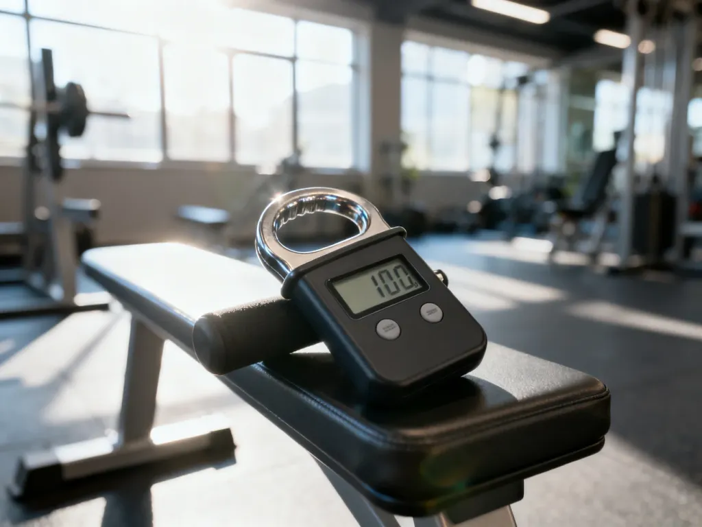 Cyfrowy dynamometr ręczny leżący na ławce treningowej, gotowy do pomiaru siły chwytu w profesjonalnym studio fitness.