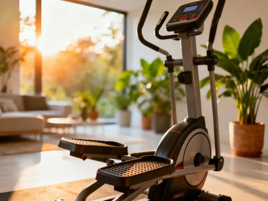 Profesjonalny stepper w nowoczesnym salonie, gotowy do domowego treningu cardio.